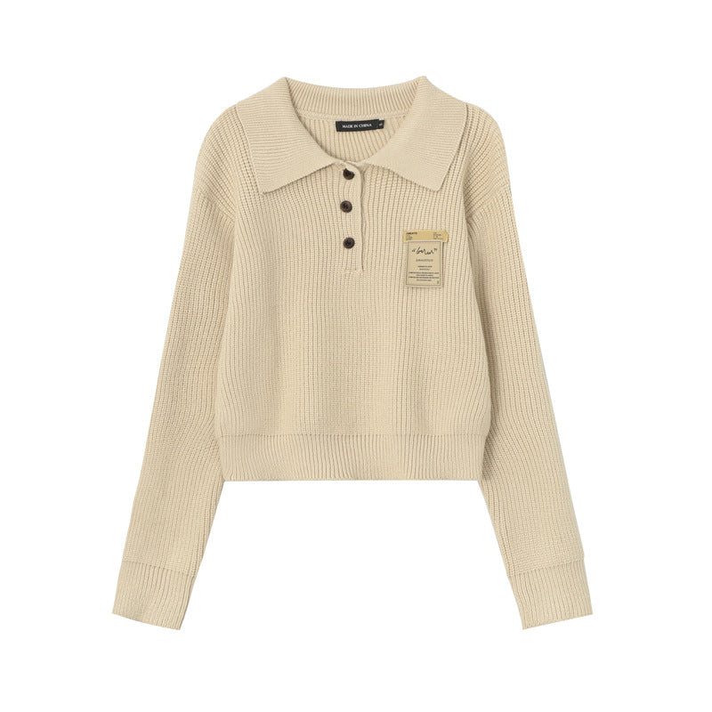 Oatmeal Color Lapel Korean Style Women's Sweater Idle Style Simple