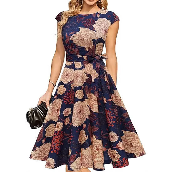 Elegant Round-neck Sleeveless Tie-waist Printed Dress