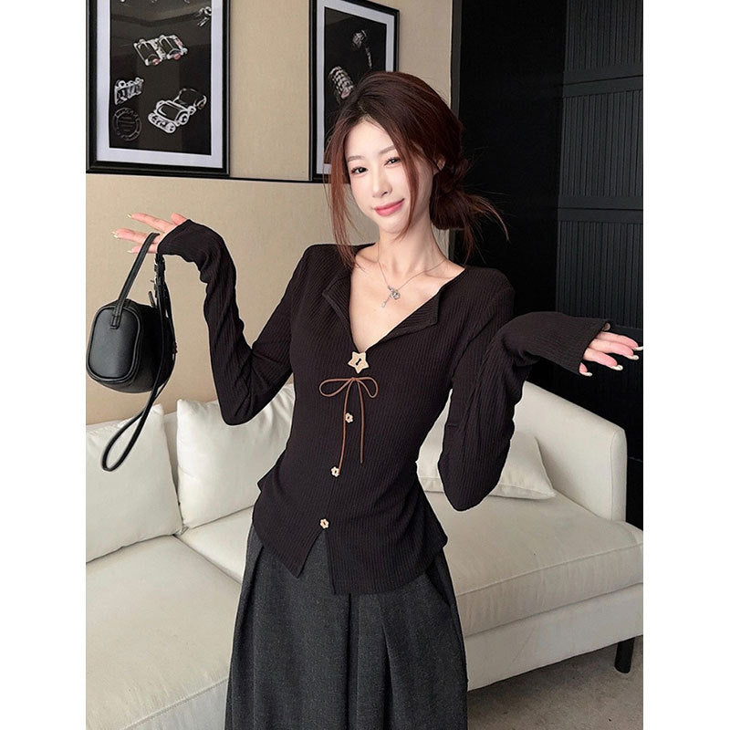 Womens French V-neck Long-Sleeve Button-Front Slim-Fit Top