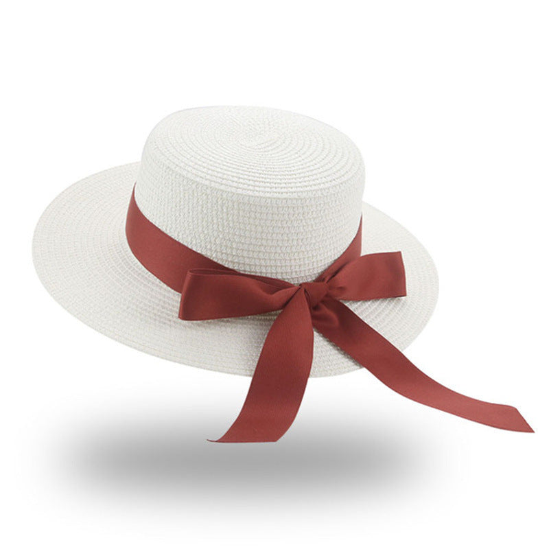 Women's Summer Bow Ribbon Flat Brim Straw Hat