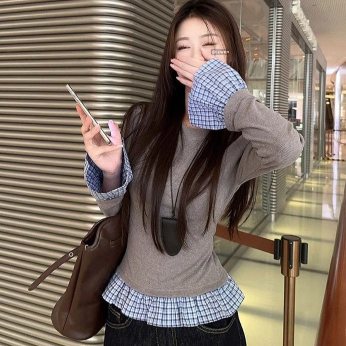 Stitching Dralon Warm Long Sleeves Female Slim Fit Slimming Top