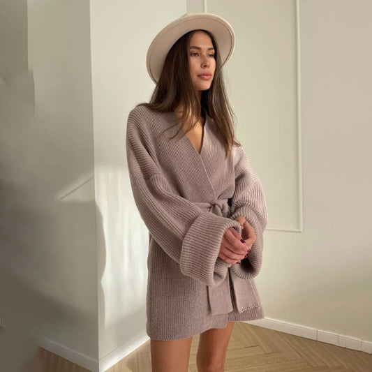 Lace-up Knitted Women's Sweater Coat Mid-length