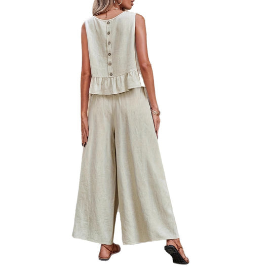 Women's Solid Color Ruffle Strap Tank Top Wide Leg Pants Set