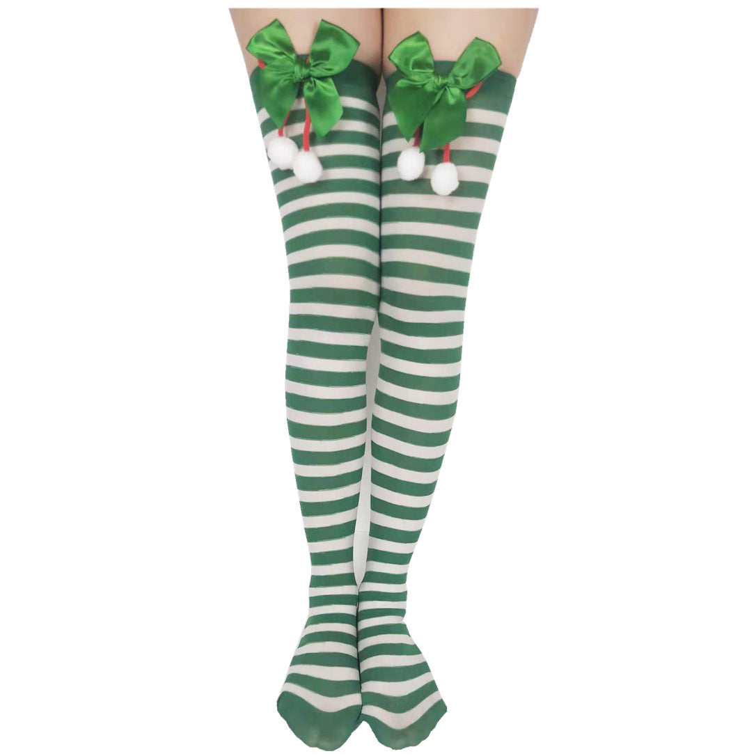 Christmas Striped Socks With Bow Fur Balls