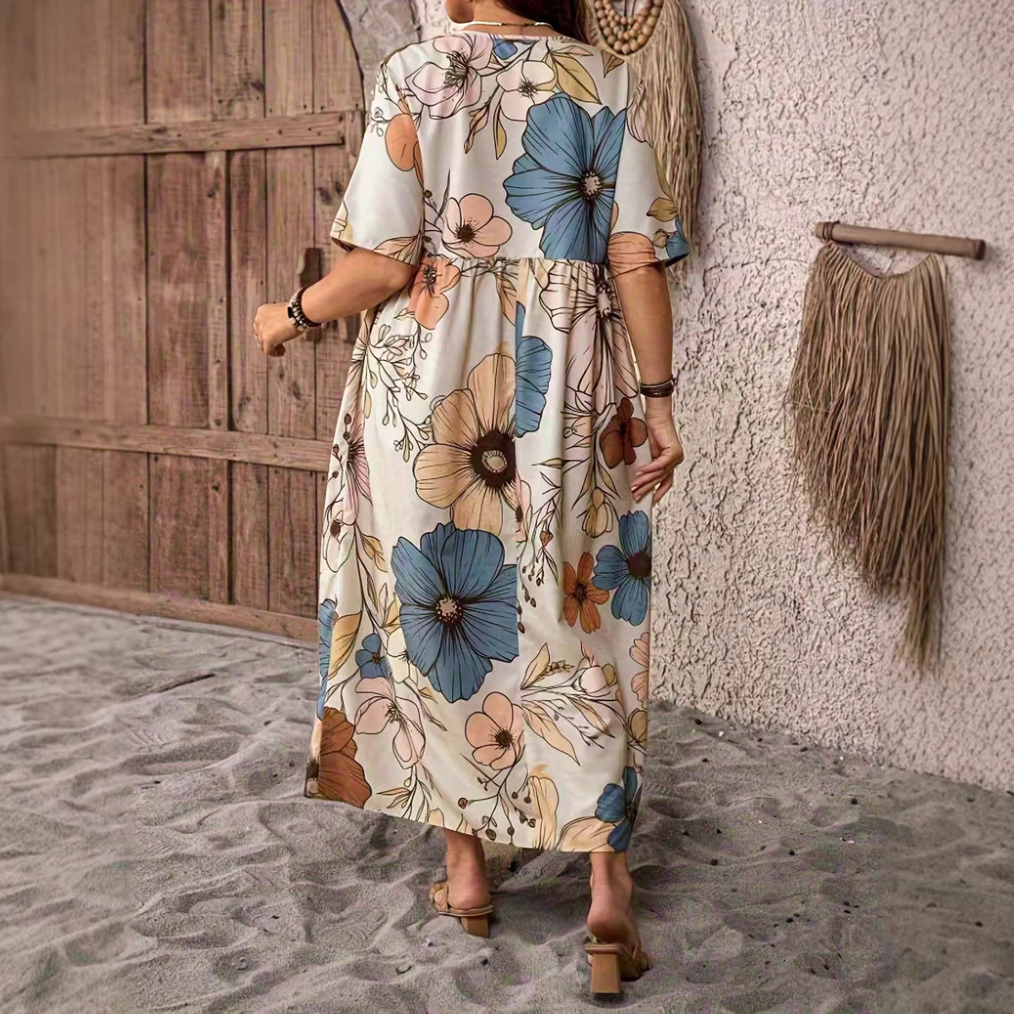 Vacation Short-Sleeve Crew-Neck Floral Print Dress