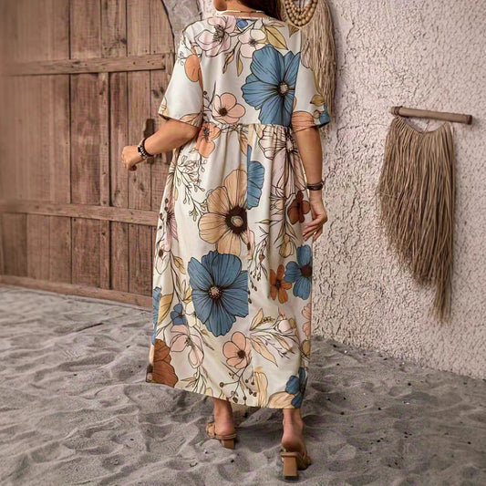 Vacation Short-Sleeve Crew-Neck Floral Print Dress