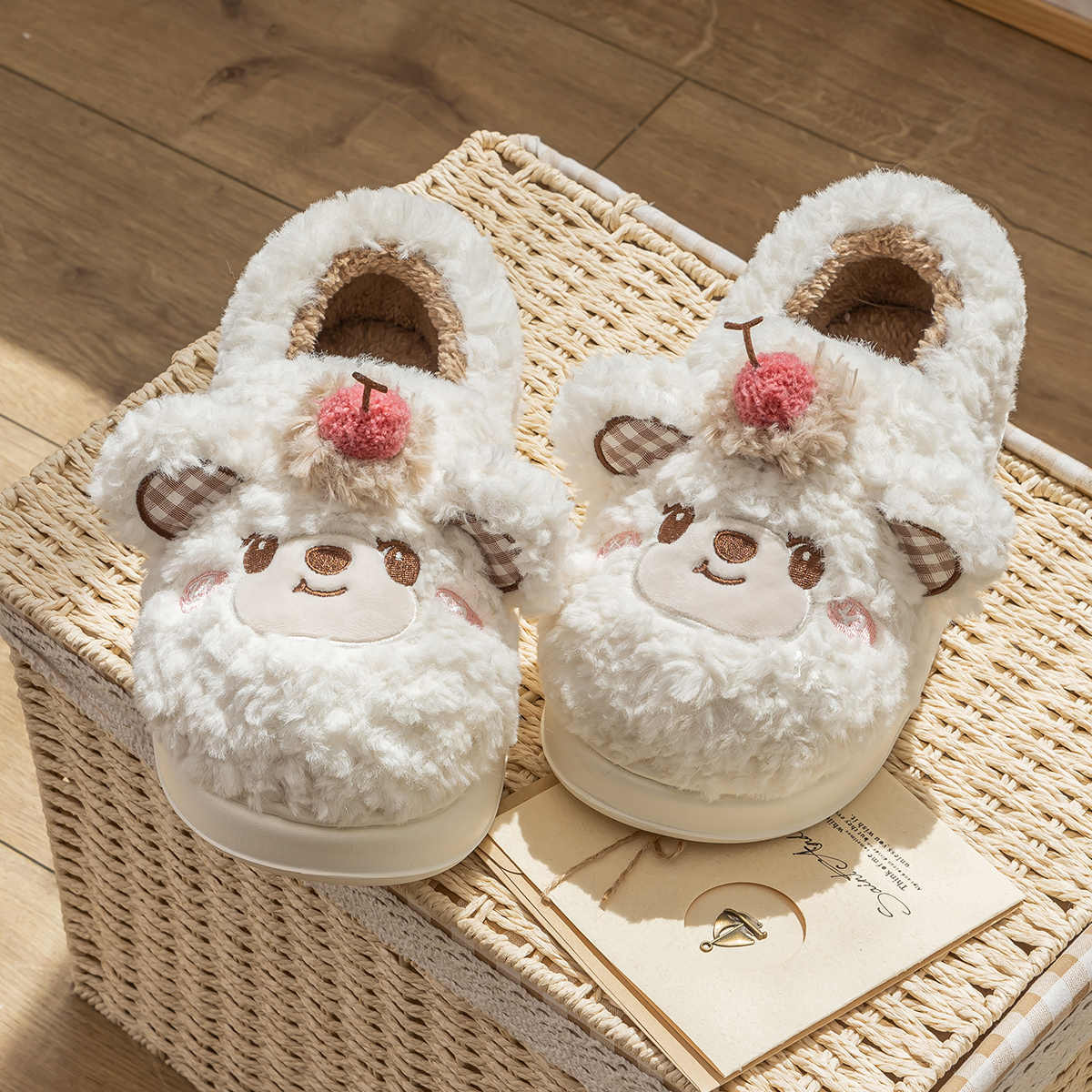 Women's Platform Heel Covered Plush Warm Cherry Bear Cotton Slippers