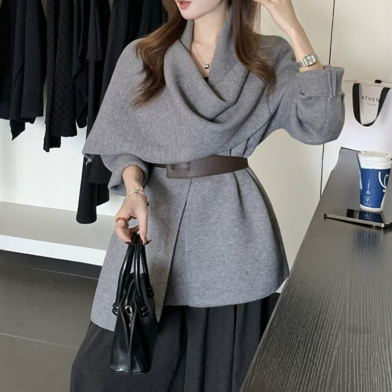 Women's Polyester Scarf Collar Knitted Cardigan Jacket Short Coat With Belt