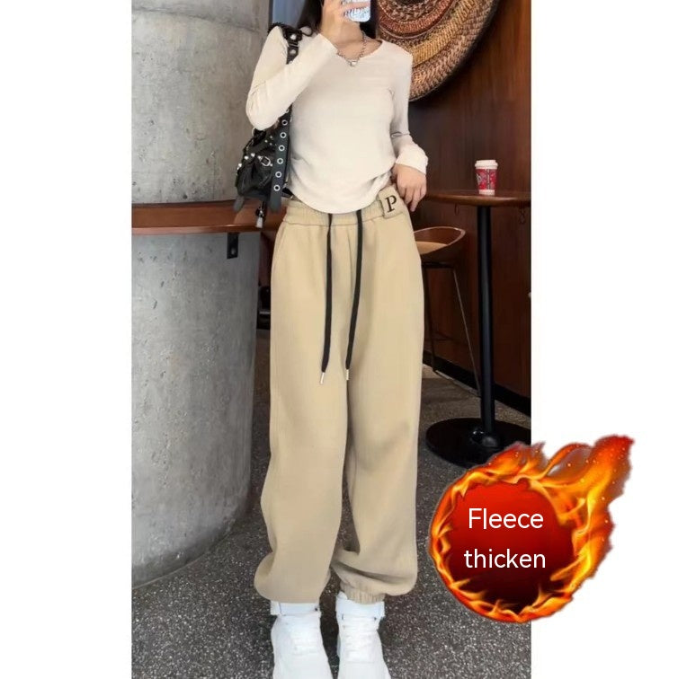 New Letter Embroidery Candy Color Fleece-lined Thick Track Pants