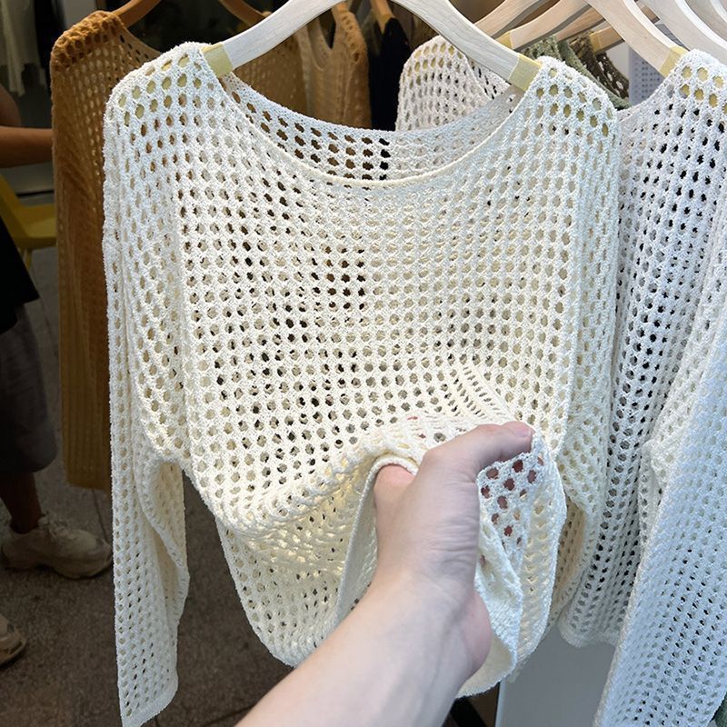 Sexy Pure Want To Wear Round Neck Long Sleeve Hollow Knitted Mesh Shirt