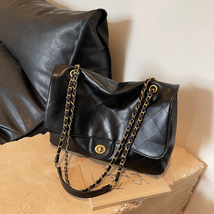 Retro Enkel Taske med Stor Kapacitet, Diamantmønstret Kædetaske, Skuldertaske/Crossbody