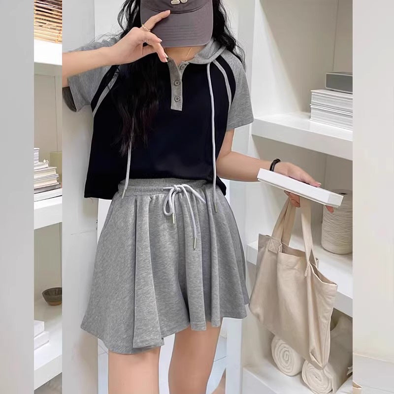 Double Zipper Hooded T-shirt And Shorts Two-piece Set