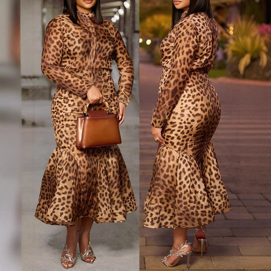 Plus-size Casual Two-piece Set Featuring A Long-sleeved Fishtail Skirt And Top