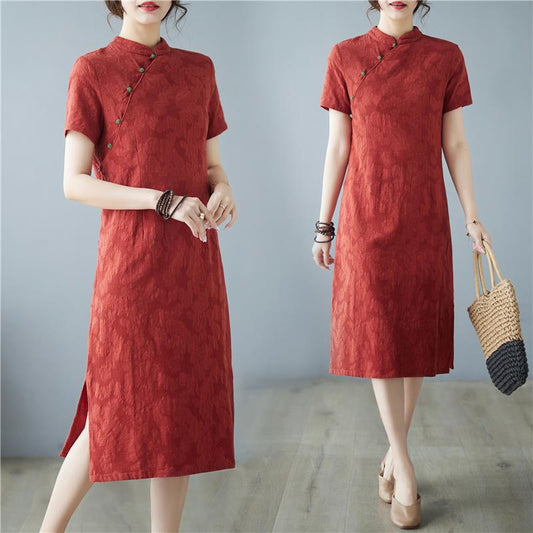 Retro Chinese-style Stand-collar Dress With A Slimming Elegant Design And Short Sleeves