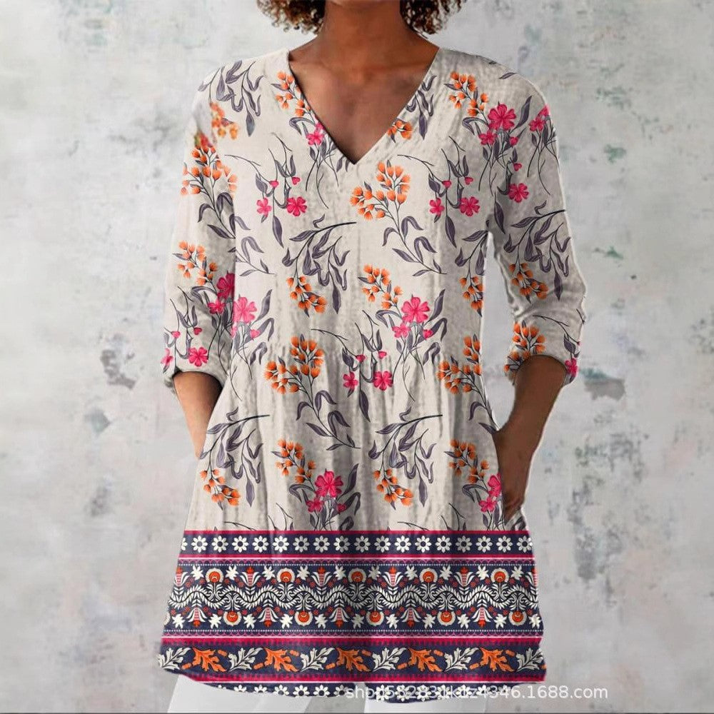 Women's Loose And Comfortable Digital Printed Round Neck Short-sleeved Top
