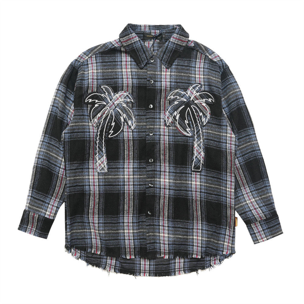 Loose Casual Polo Collar Raw Coconut Embroidered Shirt