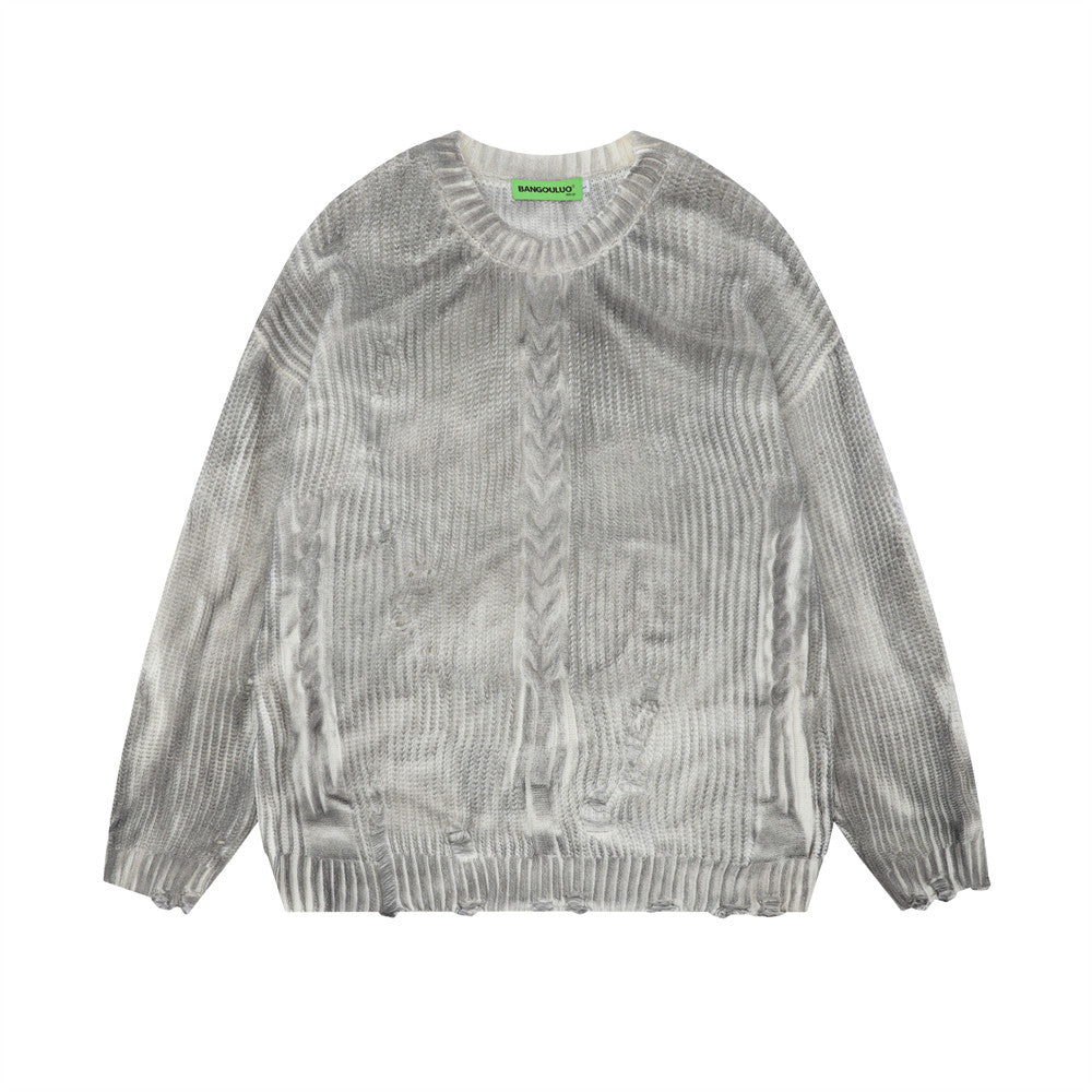 Distressed Dirty Round Neck Men's Spring And Autumn Sunken Stripe Twist Crocheted Ripped Pullover Sweater