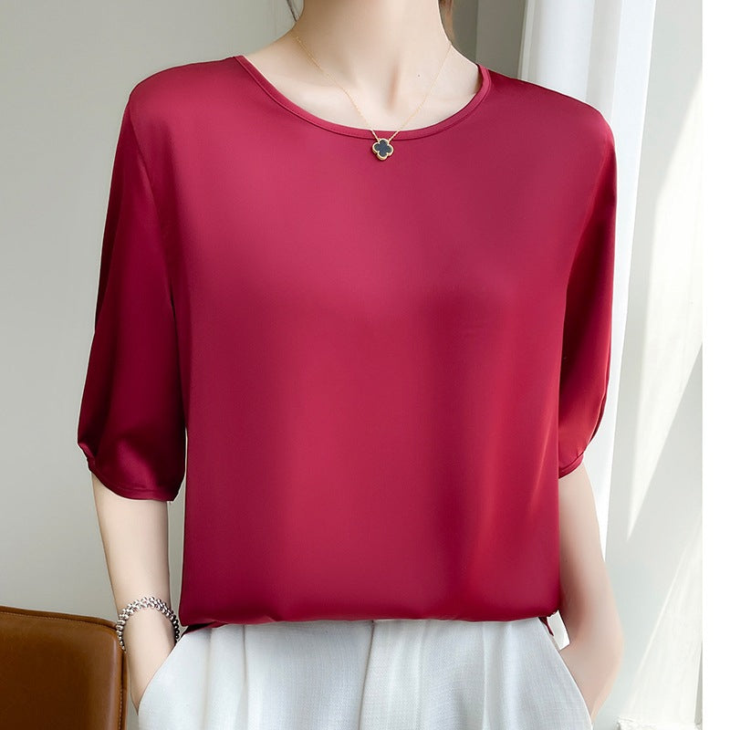 Dame Rund Hals Morbærsilke Løs Satin Kort Is-silke T-shirt Top