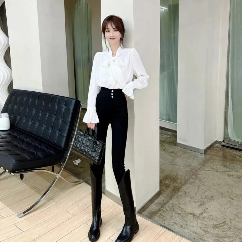 Fine Waist And Abdomen Black Pants Regular Plus Velvet