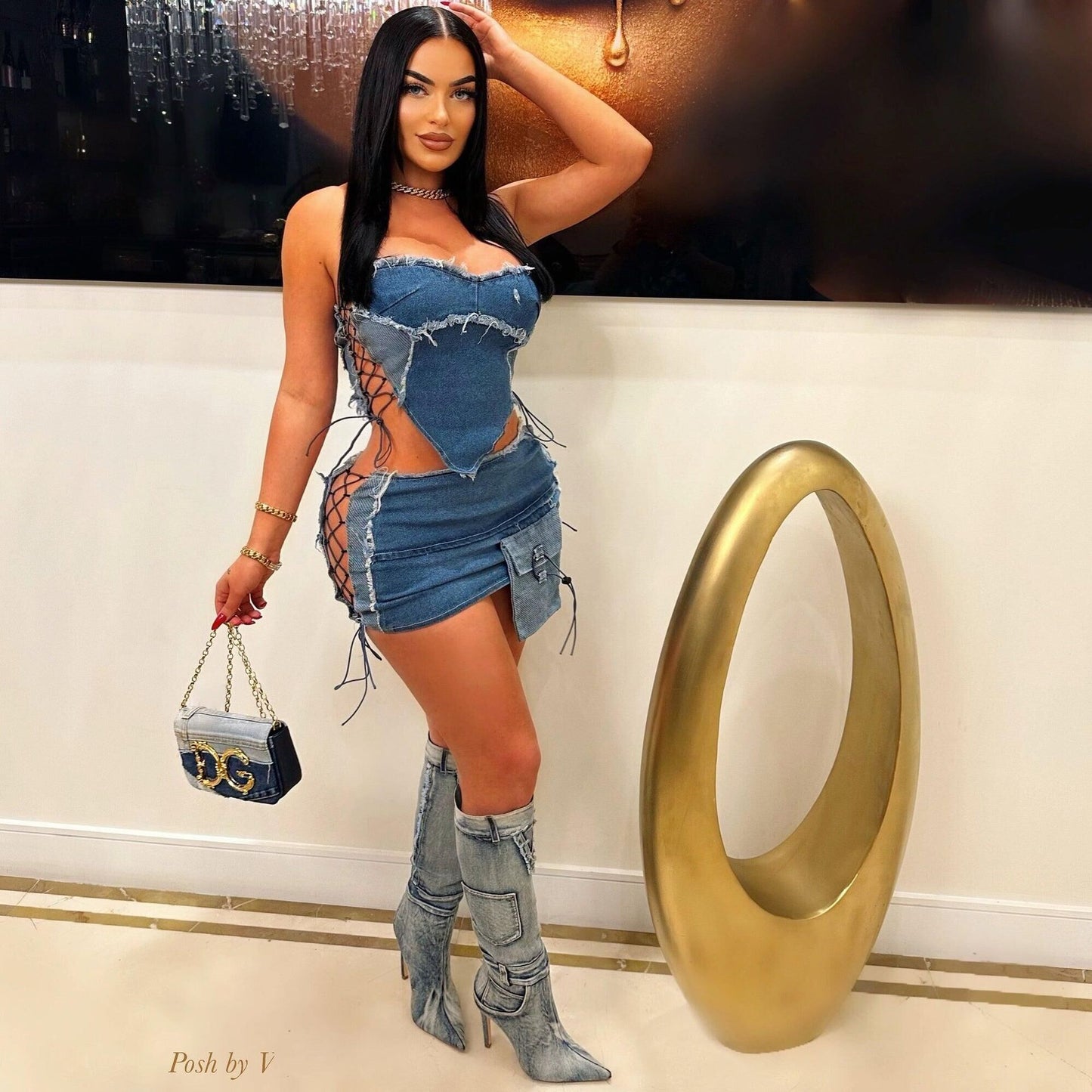 Denim Two-piece Suit Chest-wrapped Lace-up Halter Pocket Top