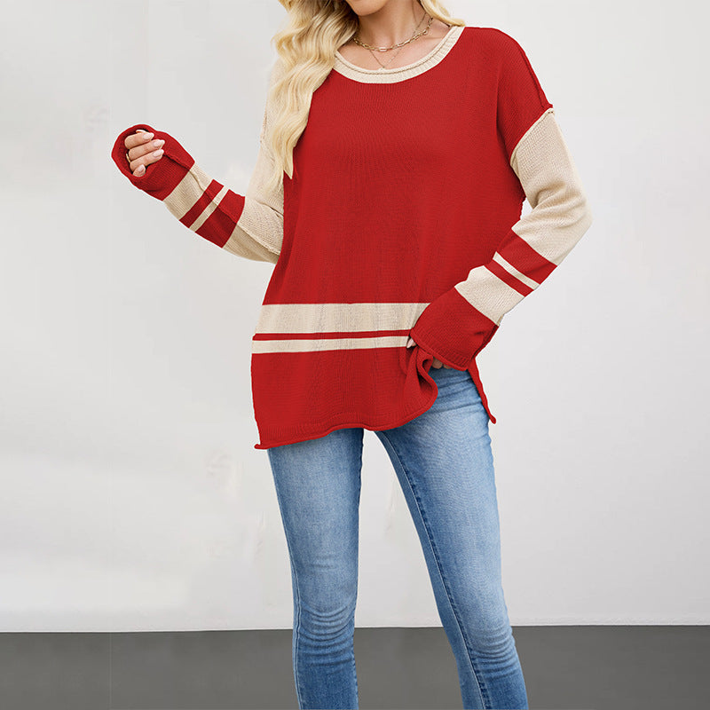 Color-block Crew Neck Loose Versatile Jumper