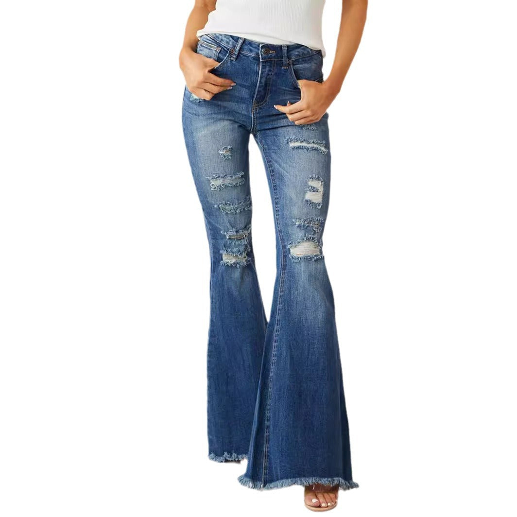 European And American Ladies Mid-waist Slim Fit Stretch Retro Bell-bottom Pants Jeans