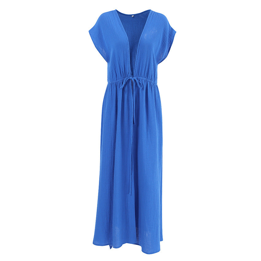 Deep V-neck Short-Sleeve Long Nightdress Loose-Fitting One-Piece Breathable Womens Loungewear