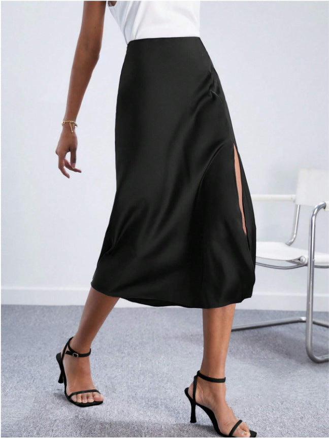 High-waist Satin Skirt, Slit Long Skirt, Satin Midi Skirt, Spring New Style