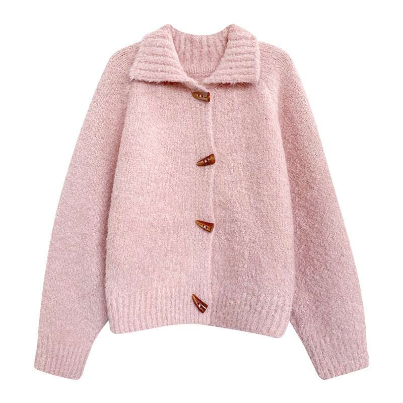 Retro Horn Button Solid Color Sweater Coat For Women