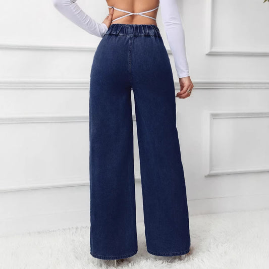 Alsidige løstsiddende højtaljede damejeans med lige ben og to knapper i ensfarvet design