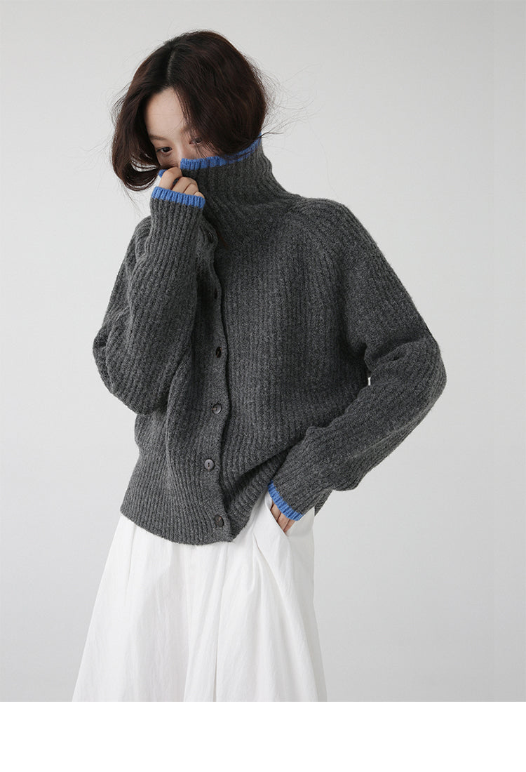 Color Blocking Collar Single Breasted Wool Knitted Cardigan Jacket