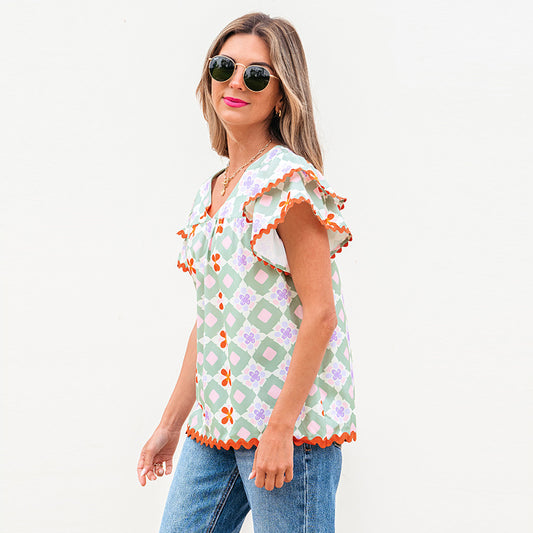 Women's Fashionable Multi-color Geometric Printed Chiffon Shirt