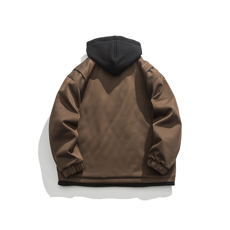 Color Matching Three-dimensional Pocket Fake Two Pieces Shirts Retro Hooded Jacket Men