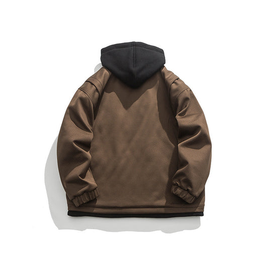 Color Matching Three-dimensional Pocket Fake Two Pieces Shirts Retro Hooded Jacket Men