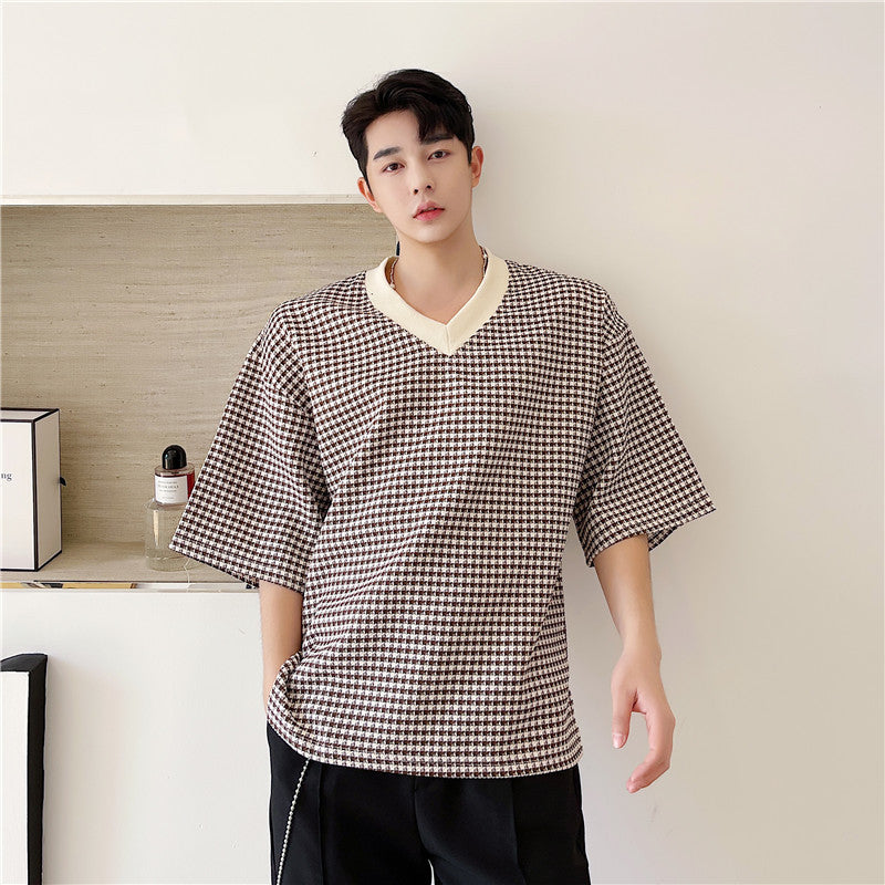 Half-sleeve Loose Plaid Body Shirt Five-sleeve Top
