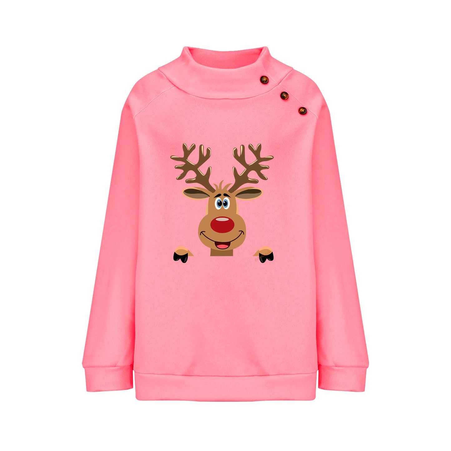 Deer Cartoon Turtleneck Buttons Loose Long Sleeve Sweatershirt Female