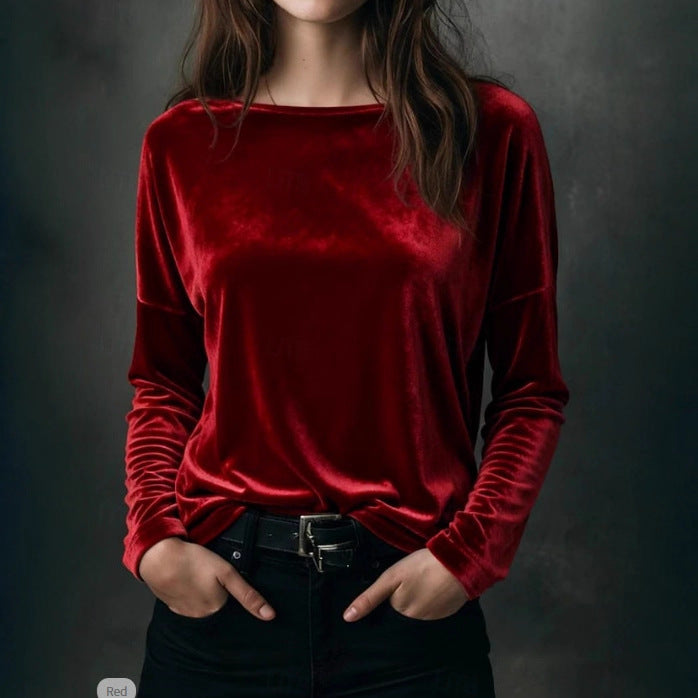 Dame Ensfarvet Løstsiddende Rundhalset Pullover Fløjl T-shirt