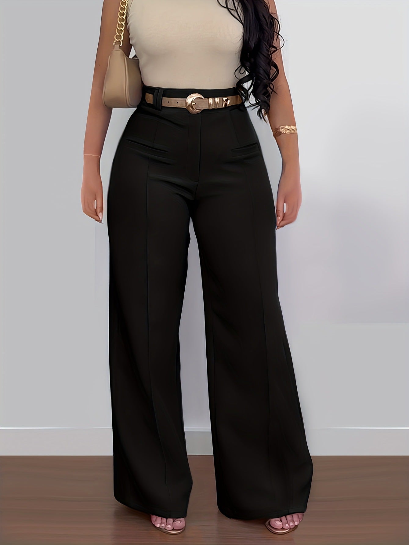 Women's Casual Solid Color Wide Leg Pants Polyester Fabric