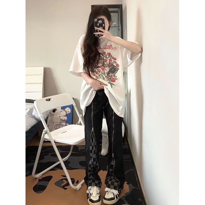 Women's Retro Loose Zip Chessboard Plaid Jeans