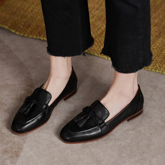 Vintage Leather Women's Round Head Tassel Low-cut Shoes