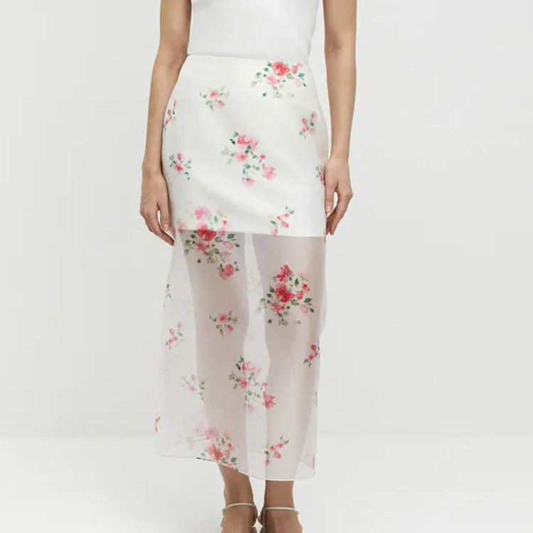 New Digital-print Sheer High-waist Split Skirt