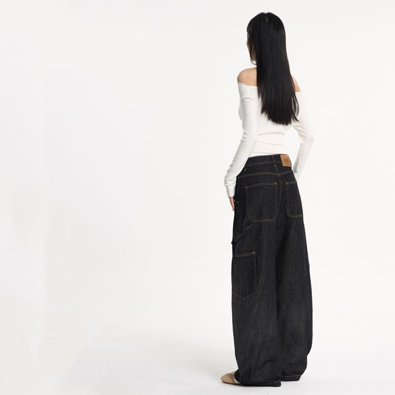 shaped Wide-leg Double-knee Raw Denim Workwear Jeans