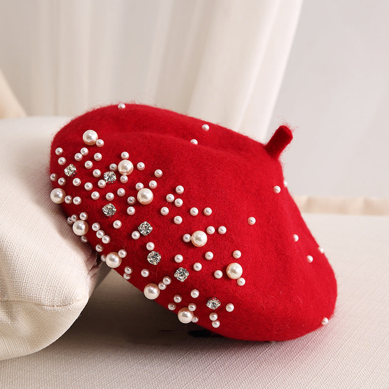 Ladies Small Fragrance Pearl Rhinestone Wool Beret