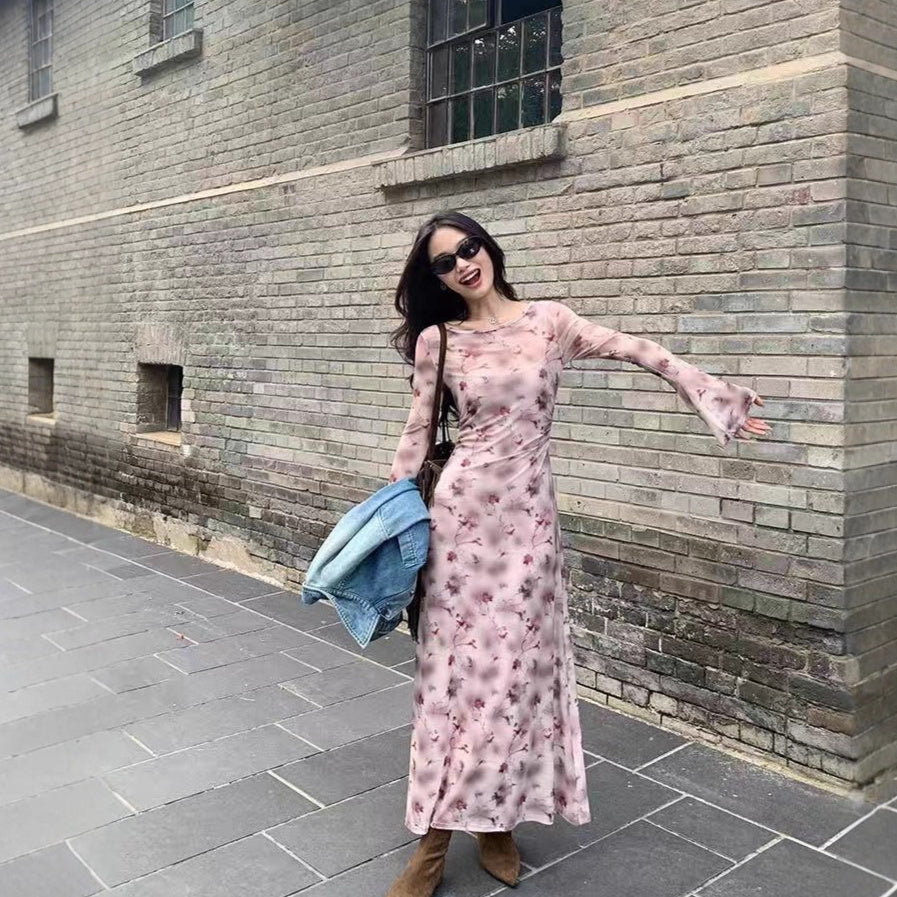 Two-piece Women's Flared Sleeve Waist-cinching Slim-fit Elegant Long Dress