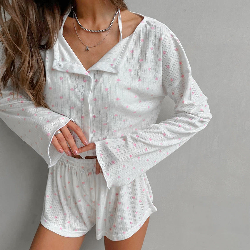 Autumn Knitted Heart-Print Womens Fashion Long-Sleeve Underwear Shorts Womens 3-Piece Loungewear Set
