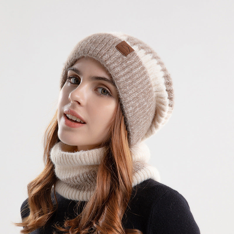 Knitted Hat Suit With Scarf Winter Two-color Hat And Thick Warm Earflaps Wool Scarf 2pcs