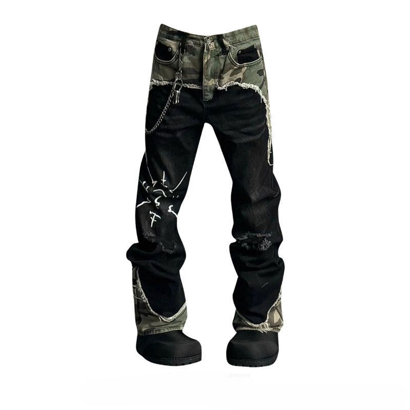 American Street Retro Camouflage Stitching Jeans