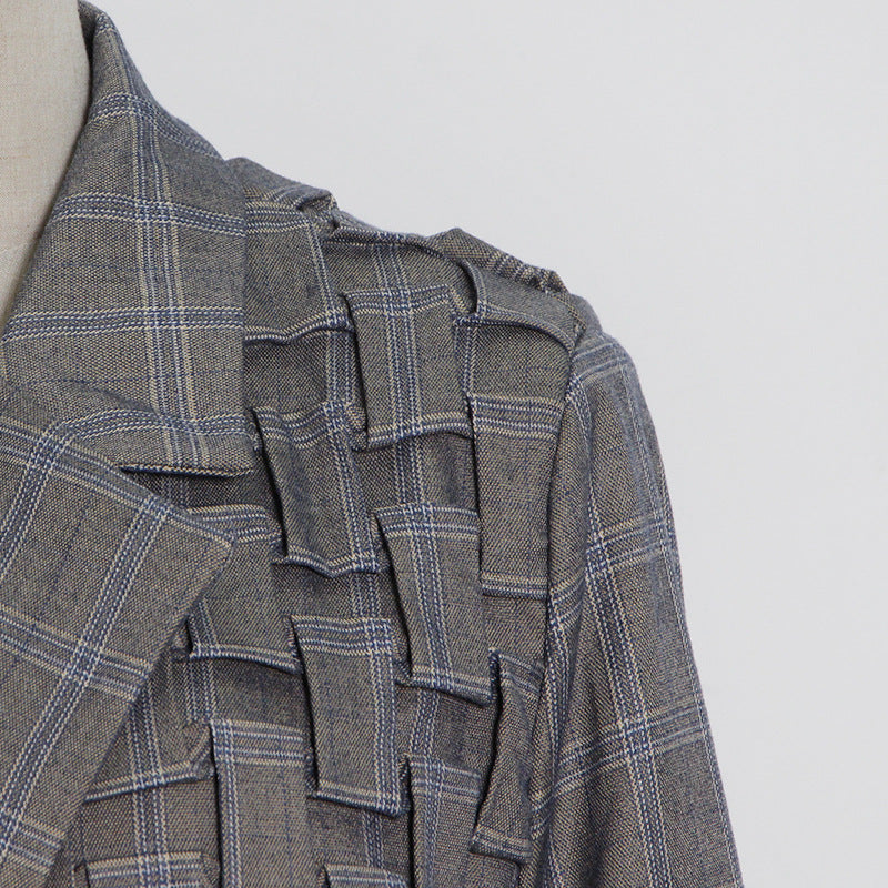 Personalized Grey Plaid Jacket With Heavy Pleating