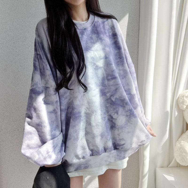 Tie-dye Sweater Dame Bomuld Løs Koreansk Top All-match Bogstaver Forår Og Efterår