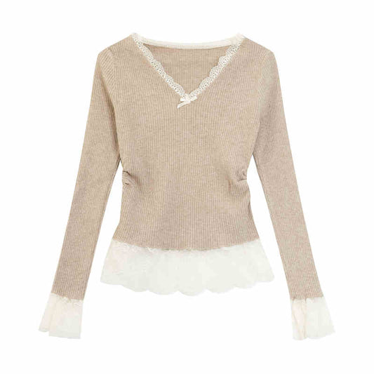 Fake Two Pieces V-neck Stitching Lace Lace Knitwear